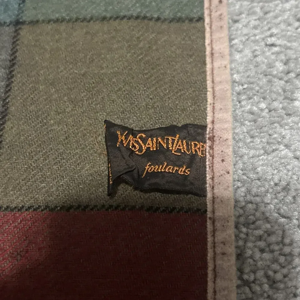 Yves Saint Laurent Vintage Scarf Wrap YSL Wool Plaid Made In France 28x76